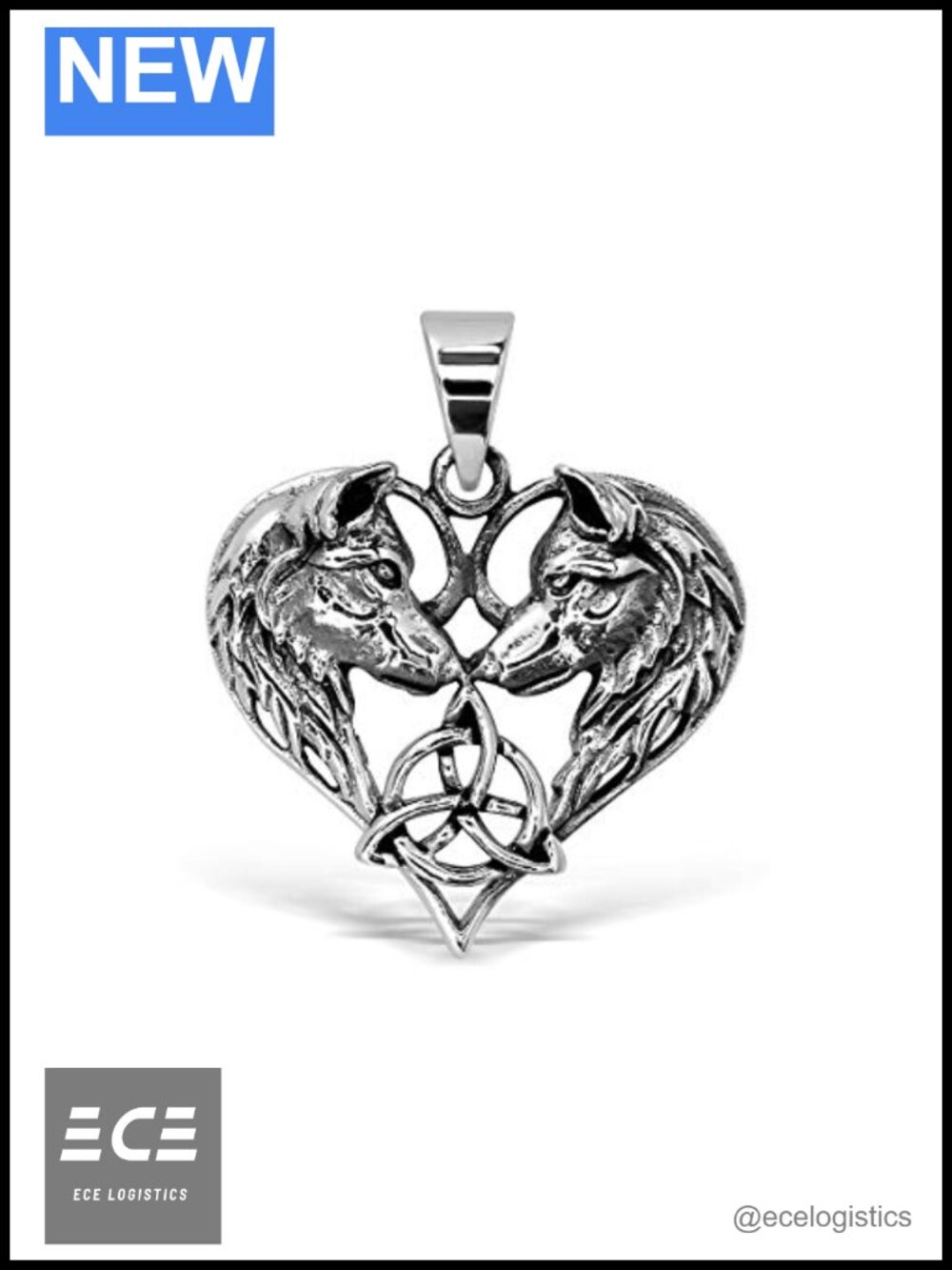 Sterling Silver Celtic Heart Wolf Amulet Trinity Pendant Necklace
